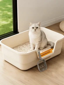 1 hộp vệ sinh cho mèo kiểu mở bên hông, có xẻng và bàn đạp, chống bắn nước, thích hợp cho phòng khách, phòng ngủ, ban công, văn phòng, phù hợp với mèo nhỏ đến trung bình, dễ dàng tháo lắp và vệ sinh. - Hộp vệ sinh cho mèo mở bên hông - Xem 1
