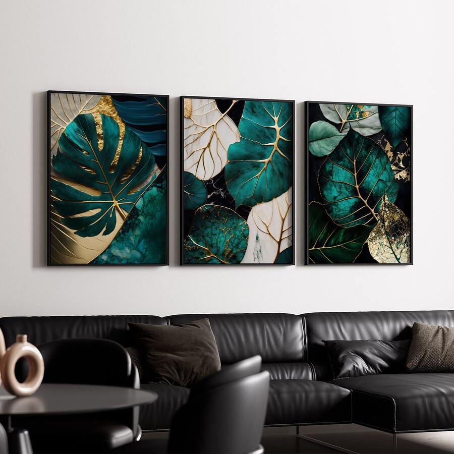 3pcs/Set Unframed Modern Abstract Green&Gold Leaf Canvas Poster, Creative Plant Wall Art, Aesthetic Room Decor, Artwork Wall Painting For Gift, Wall Picture For Living Room, Bedroom, Corridor, Office, Dining Room, Home And Dormitory Decoration - Multicolor - View 1