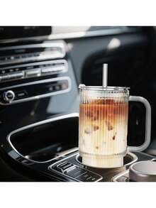 1pc Textured Glass Cups With Handles, Lids & Straws, Large Capacity Heat & Cold Resistant Mugs, Stylish Travel Drinkware For Iced Coffee/Smoothies/Tea/Soda/Juice - Multicolor - View 3