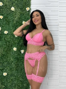 Sexy Lingerie Set Trio: Lace, Garter Belt, And Thong - 粉色 - 查看 2