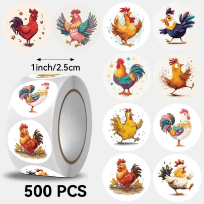 500 miếng/cuộn sticker hình gà trống hoạt hình, nhiều kiểu dáng khác nhau, rất thích hợp làm quà tặng nhỏ. Chúc mừng năm mới, 8-10 mẫu, có thể dùng để trang trí quà tặng, túi quà, cốc, văn phòng phẩm và các sản phẩm khác.