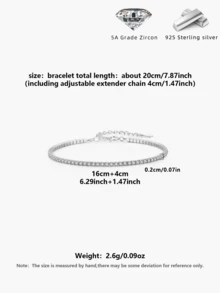 1pc S925 Sterling Silver Shiny Moissanite Tennis Bracelet, Sparkling Cubic Zirconia Studded, Unisex Couples Design, Elegant & Versatile, Suitable For Women's Daily Wear, Outings, Travel, Parties, Gifts, Comes With Delicate Gift Box - Silver - View 10