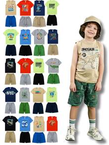 Combo 20 Pieces With 10 Assorted Sets For Boys' Summer Outfits (Sizes 1-16) - 10 T-Shirts And Tank Tops And 10 Shorts - Multicolor - Ver 1