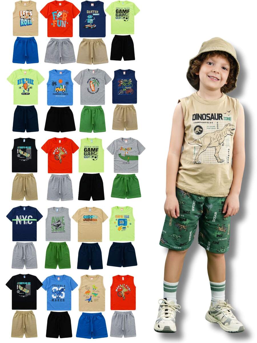 Combo 20 Pieces With 10 Assorted Sets For Boys' Summer Outfits (Sizes 1-16) - 10 T-Shirts And Tank Tops And 10 Shorts - Multicolor - Ver 1