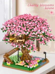 2008片樱花树屋/彩虹树屋DIY创意积木微粒拼装玩具套装，室内家居装饰，桌面摆件，生日/万圣节/圣诞节礼物 - 粉色 - 查看 4