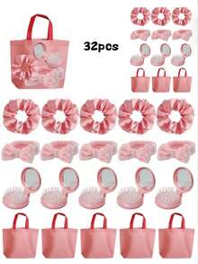 Set cadou 32/20/16/4 buc. pentru petrecere în pijamale, perie și oglindă roz, set cadou pentru invitați la nuntă, cadouri pentru petrecere la spa, eleganți de păr din satin, perie cu pernă rabatabilă, bentiță de păr cu fundă din pluș, pungă cadou roz, cadouri pentru petrecere în pijamale, set cadou pentru petrecere de sărbători, cadou de ziua de naștere, petrecere de grup, petrecere pentru burlăcițe/mireasă, cadou pentru domnișoare de onoare, petrecere pentru bebeluși și evenimente de sărbători - Multicolor - Vizualizare 4
