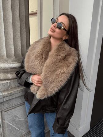 HZXVIC Women's New Vintage PU Leather Jacket With Detachable Fur Collar