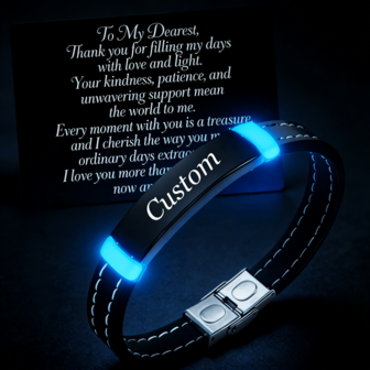 蓄光 パーソナライズドIDブレスレット＆励ましのカードセット - 名前/日付/メッセージ刻印バングル メンズ レディース、発光保管用ジュエリー 家族 友人 誕生日 感謝 卒業 記念日 クリスマスギフト