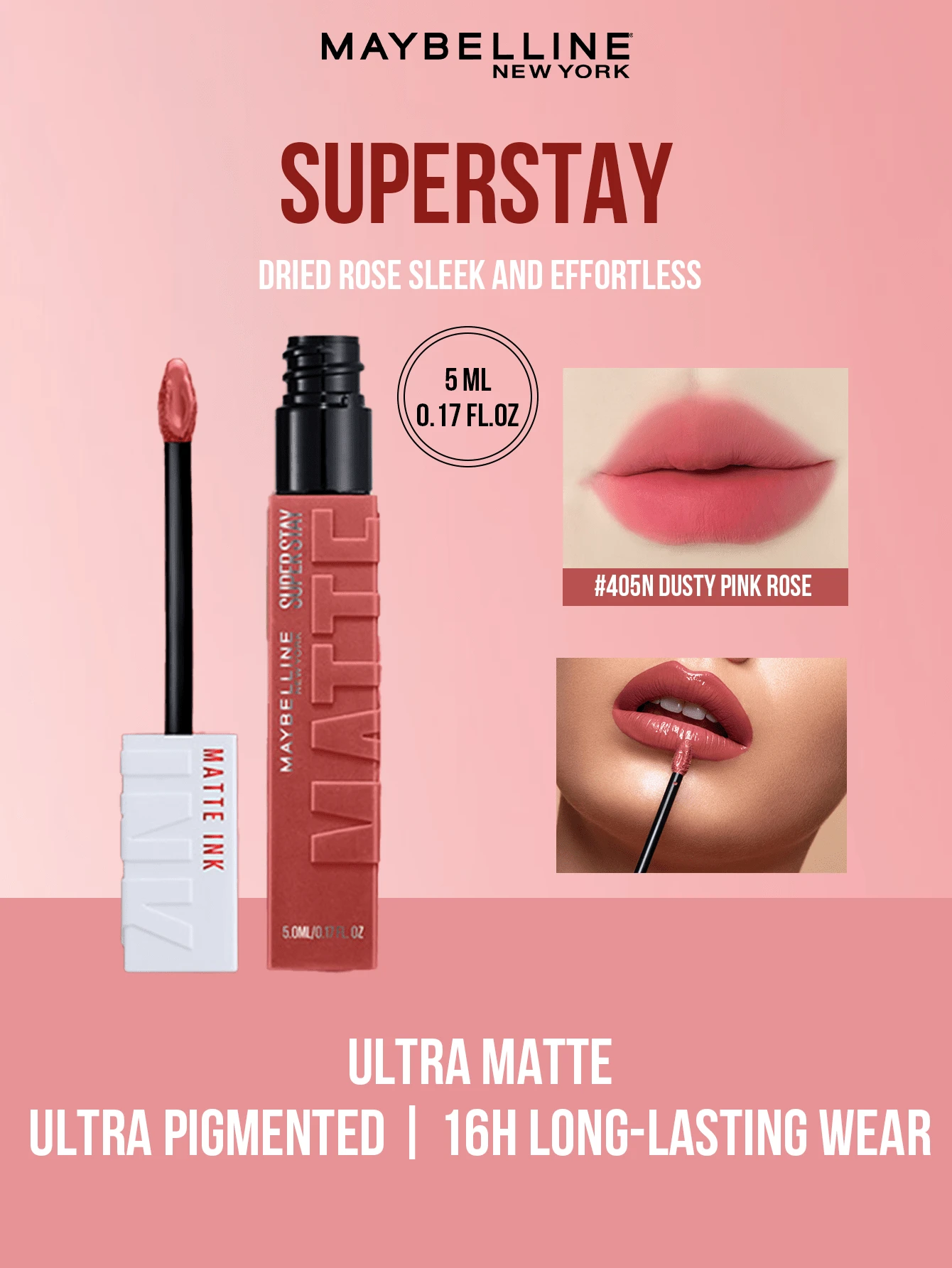 Maybelline 美寶詩 Super Stay 啞光液態唇膏 #405N 5ml,超高顯色度,長效持久,濃郁啞光妝效,易於勾勒唇形,淡淡香草味,易於塗抹,適合所有膚色 - 美寶蓮巨持色 霧面液體唇膏 405N - 查看 1