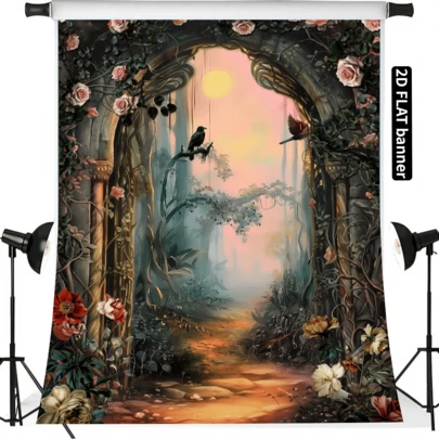 2D Flat 1pc Fantasy Green Glowing Forest Backdrop Banner, Includes Tree Arch Lights, Birds, Floral Lawn, Durable Polyester Material, No Power Needed, Suitable For Fairy Tale Birthday Party, Indoor Bedroom, Outdoor Venue, Can Be Used As Decorative Wall, Party Supplies, Fits Home, Kids Room Scenes