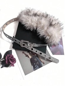 1 件波西米亚风纯色腰带，Y2K 复古仿皮草兔毛束腰性感配饰，适合外套、牛仔裤、连衣裙、日常穿着、派对、万圣节、圣诞节 - 白色水鑽毛毛 - 查看 6