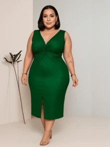 Women's Plus Size Midi Ribbed Tank Dress With V-Neck And Front Slit, Casual Fashion - Vườn Địa Đàng Xanh - Xem 1