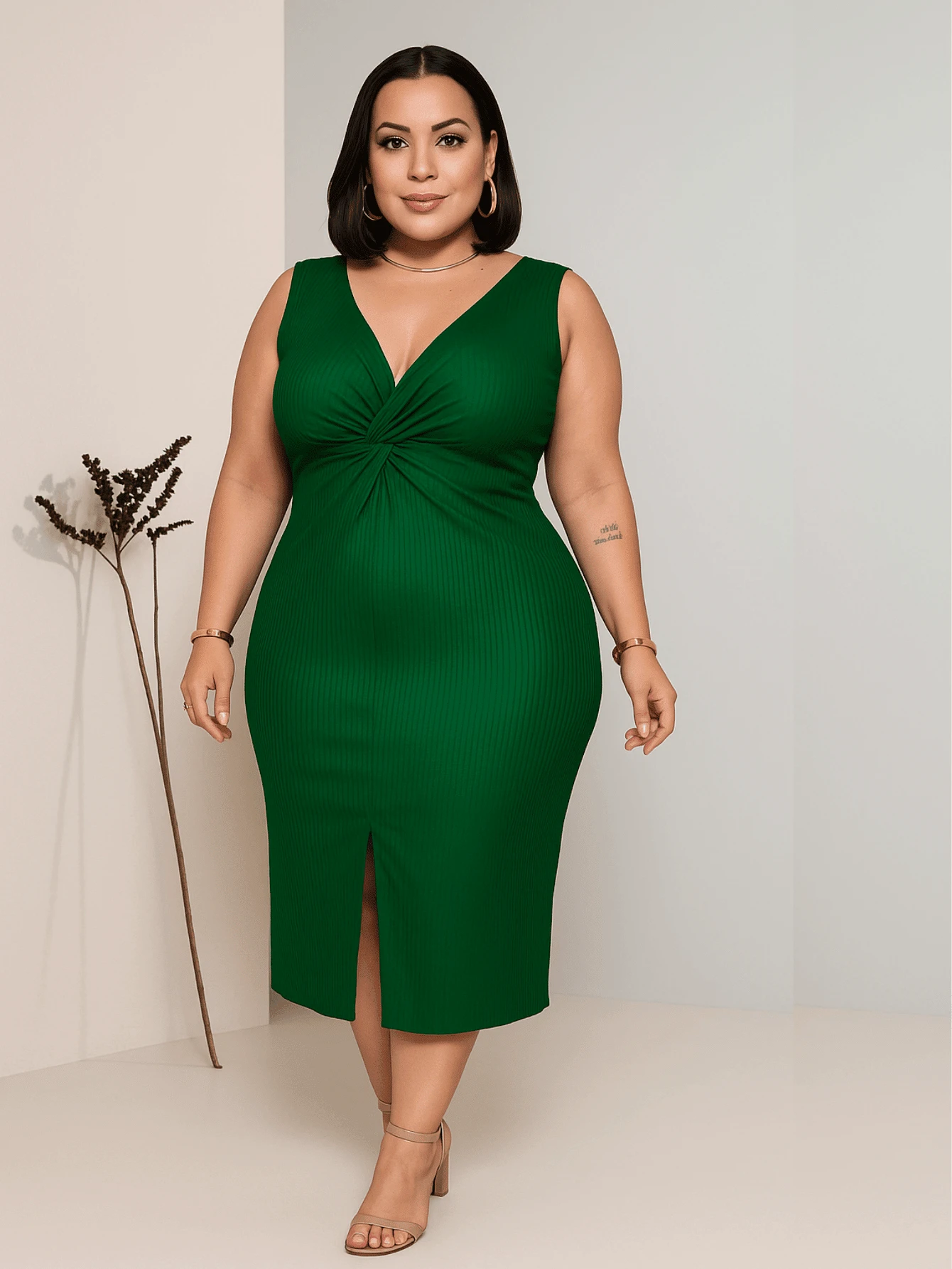 Women's Plus Size Midi Ribbed Tank Dress With V-Neck And Front Slit, Casual Fashion - Vườn Địa Đàng Xanh - Xem 1