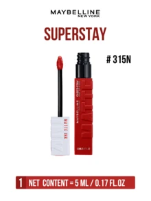 Maybelline SUPERSTAY 哑光唇釉 #315N 丝绒血橙，5毫升/0.17液体盎司，畅销色号，超高显色度，持妆长达16小时，丝绒哑光妆效，柔滑舒适配方，完美勾勒唇形，饱满显色，淡淡香草香，易于涂抹，适合新手、学生、上班族、日常妆容、约会、派对和特殊场合，也是送给朋友和女朋友的绝佳礼物。 - 美寶蓮巨持色 霧面液體唇膏 315N - 查看 6