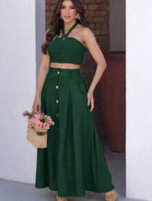 Women's Set: Long Skirt With Buttons And Pocket, Cropped Halter Top, Candy Colors, Fashion 2025, Elegant, Casual, Chic. - 卡其色 - 查看 3
