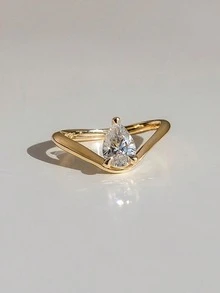 1枚925纯银极简水滴形立方氧化锆戒指，镶嵌1.5克拉立方氧化锆石，女士款式，适合派对和晚宴，精致珠宝，女友周年纪念礼物 - 簡約V形水滴 - 查看 14