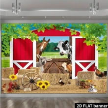 Banner de fundal 2D plat, 1 buc., din fibră de poliester, pentru casă rurală - hambar roșu și scenă de primăvară cu animale, potrivit pentru grădină, petrecere de ziua de naștere și ședință foto, decor de petrecere în grădină, stil rustic fantezist, poliester - roșu - Vizualizare 12