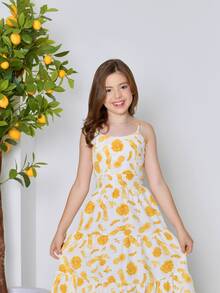 Girls' Midi Dress | Printed Midi Dress With Back Bow And Thin Straps | Girls' Teen Fashion Sizes 10, 12, 14, 16 |  And Delicate Style Girl's Dress | Lightweight And Comfortable Flared Midi Dress | Teen Girl's Dress For Parties, Outings, And Everyday Wear | Charming Girls' Clothing | Dress With Back Tie And Layered Skirt | Midi Dress For Pre-Teen And Teen Girls | Colorful Girls' Dress In Yellow, Orange, Green, And Blue | Elegant And Modern Teen Girl's Clothing | Dress For Birthdays, School Parties, Family Outings | Girls' Dress For Spring/Summer | Girl's Dress With A Loose Fit And Lightweight Fabric | Stylish Teen Girl's Look | Comfortable Midi Dress For Everyday Wear | Ideal Gift For Stylish Girls | Sophisticated And Cheerful Girls' Teen Fashion - 奶油黃 - 查看 2