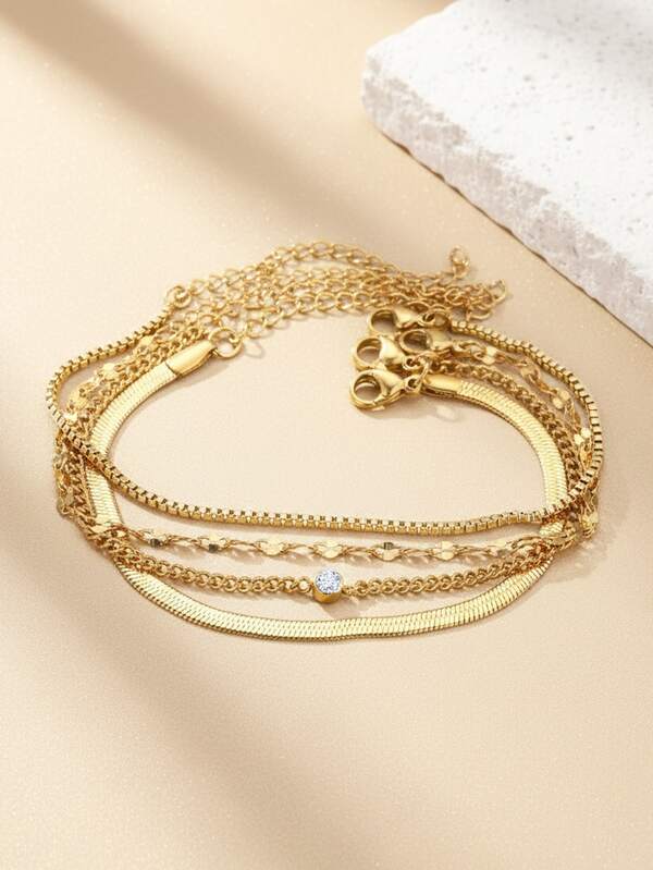 Stainless Steel Multi-Layer Stackable Chain Bracelet/Fashion Accessory, Vintage Luxe Style With Gold Tone, Mixed Thick & Thin Chain Design, Rhinestone Pendant Detail, Suitable For Daily, Evening Party, All Seasons