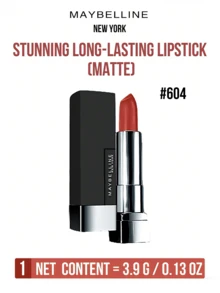 Maybelline 惊艳持久哑光唇膏 #604 红棕色 3.9克/0.13盎司，丝绒哑光质地，显色度高，提亮肤色，适合所有肤色，轻轻一抹即可呈现饱满鲜艳的色彩，温暖的底色更添迷人魅力。三步轻松上妆：旋转涂抹，晕染勾勒唇形，打造奢华日常唇妆，持久持妆一整天。优雅钢琴漆面柔雾喷砂包装，方便携带，随时随地，是必备的彩妆单品。 - 604#赤茶橘棕 - 查看 6