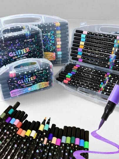 36/48pcs Set With Plastic Storage Box, Includes Glitter Markers, Permanent Markers, Soft Tip Calligraphy Pens, Watercolor Pens, Glitter Stationery Markers, Pearlescent Gel Pens, Single Tip Calligraphy Pens, Thicker Pearlescent Glitter Markers, Highlighters, Professional Art Drawing Set, Multi-Color High Quality Pens, Ideal Creative Gift
