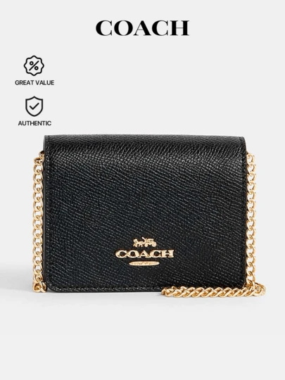 Coach Mini Leather Wallet On A Chain - For Women Ladies Clutch Purses Small Wallet Crossbody Bag Zip Wallets - Luxury Stylish Design Leather - Gift Present - Travel Essentials Daily Use School/Office - Black - Genuine Authentic