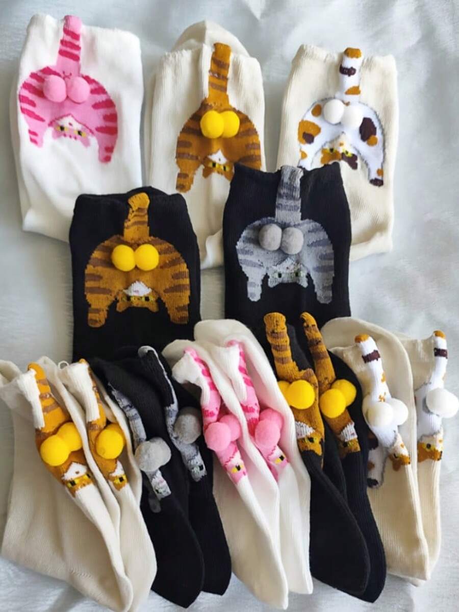 5 Pairs Cute Cat Socks With Balls - 3D Cat Egg Design, Soft Polyester, Hand Wash Only, Unisex Abstract Cat Lover Gift For Men & Women, Cute Socks, Playful Sock Design, Durable Sock Material, Cat Socks, Cat Sock With Egg, Animal Long Sock, Funny/Funky Sock(1/3/5 Pairs) - Multicolor - View 1