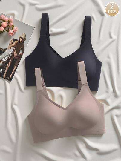 2pcs/Set Simple Comfortable Sports Bras For Women, Wire-Free Solid Color Underwire Bras, All Day Comfort