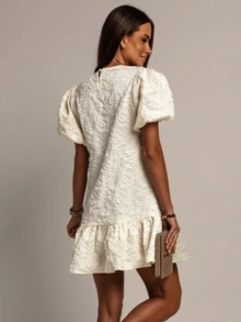 Women's White Short Dress Suitable For Parties, With Puff Sleeves, Round Neck And Ruffle Hem Design, Unique Fabric Texture Summer Elegant - White - View 2