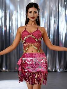 Belly Dance & Carnival Party Bra & Hip Scarf Set Halter Neck With Sequin Coin Tassel Dance Practice & Stage Party Outfit (Multiple Colors Available) - Multicolor - View 12
