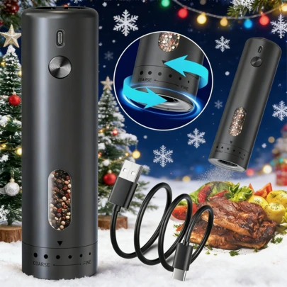1个智能电动胡椒研磨器。Type-C充电接口（内置300mAh锂电池）。110ml大容量/LED照明灯|6档研磨粗细调节|顶部注料/陶瓷研磨芯。适用于研磨各种香料。厨房、户外和烧烤的理想之选。必备厨房工具。