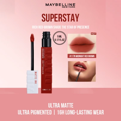 Son lì dạng lỏng SUPERSTAY Matte Ink #117N màu đỏ nâu đậm, 5ml/0.17 fl oz, màu bán chạy nhất, độ lên màu cực cao, bền màu đến 16 tiếng, lớp son lì mịn màng, chất son mềm mượt, tạo đường viền môi hoàn hảo, độ che phủ cao, hương vani nhẹ nhàng, dễ sử dụng, lý tưởng cho người mới bắt đầu, học sinh, nhân viên văn phòng, trang điểm hàng ngày, hẹn hò, tiệc tùng, các dịp đặc biệt, món quà tuyệt vời cho bạn bè và người yêu.
