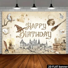 1 Piece Of "Happy Birthday" Wizard Background 7Wx5H Foot Witch Magic Castle Retro Book Owl Birthday Party Cake Table Decoration Photography Background Banner - Beige - View 4