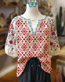 Boho Red Floral Blouse Women - Puff Sleeve V Neck Casual Summer Top - 彩色 - 查看 1