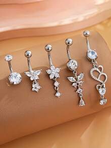 5 件花朵、心形、蝴蝶结、流苏组合肚脐穿孔首饰套装，性感欧美风格，适合日常佩戴和夏季礼物，男女通用