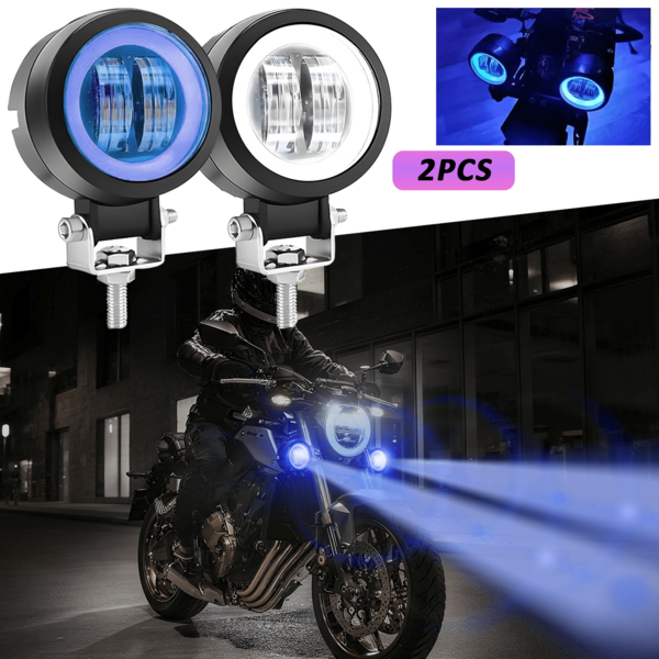 Luces LED de ojo de ángel redondas azules y blancas para motocicleta (2 unidades), luces de trabajo LED portátiles, fáciles de instalar, CC 12-24 V para automóviles, motocicletas, vehículos todoterreno, camiones, vehículos todo terreno, UTV, SUV, cableado, sin baterías.