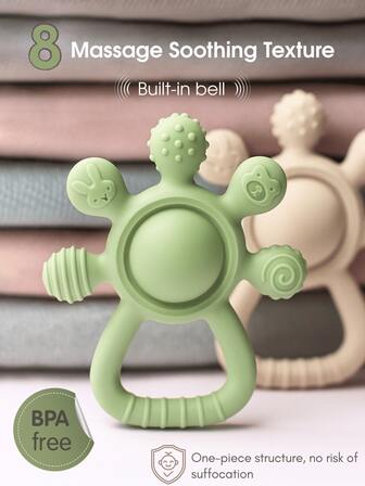 1个婴儿硅胶二合一磨牙摇铃，硅胶磨牙玩具，冷热两用，缓解牙龈不适，舒缓出牙疼痛，适合3-6个月婴儿，婴幼儿礼品套装