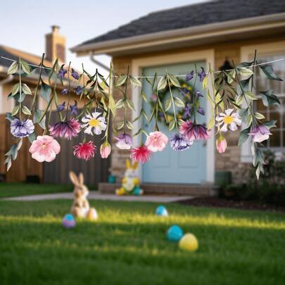 1件装花卉横幅 - 紫色/粉色花朵 - 多用途派对装饰，适合各种场合，已预先串好，派对装饰