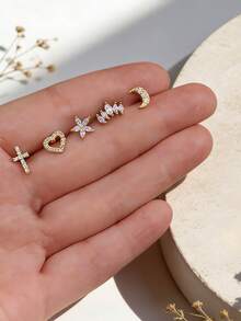 5pcs Women's Casual Fashion Moon, Heart, Cross Shaped Ear Cartilage Studs, Suitable For Daily Wear, Birthday Party, Gift, Party Outfit, Jewelry Earring Set