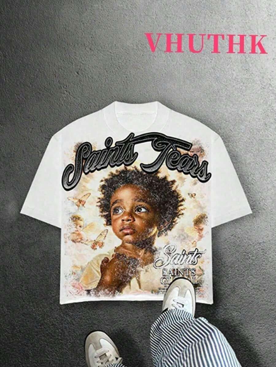 Men's T-Shirt, Casual Loose Fit Printed (180 Cotton T-Shirt) With Big-Eyed Children's Print, Men's Summer Round-Neck Short-Sleeve Casual Cotton Printed T-Shirt - 白色 - 查看 1