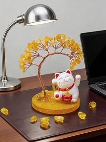 Lucky Maneki Neko Cat Crystal Money Tree - Citrine/Amethyst Feng Shui Decor For Wealth & Good Luck | Home Office Table Ornament Gift