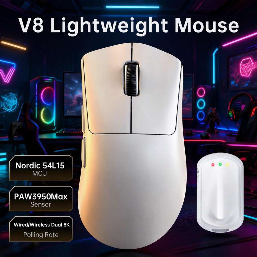 ATTACK SHARK 59克超轻V8游戏鼠标，PAW3950MAX 42000 DPI，Nordic 54L15低延迟芯片，蓝牙/2.4G/有线三模式连接，双8000Hz轮询率，配备防滑握柄