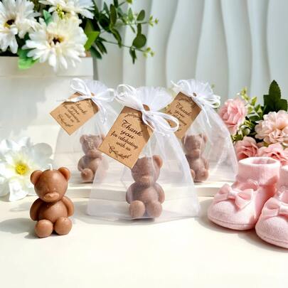 Set de 10 piezas de velas en forma de oso pequeño como recuerdos de fiesta para bebé, 10 piezas de velas en forma de oso marrón hechas a mano en empaque de cajita pequeña, a granel, adecuadas para baby shower, fiesta de cumpleaños, recuerdos de boda, decoración de mesa y decoración del hogar