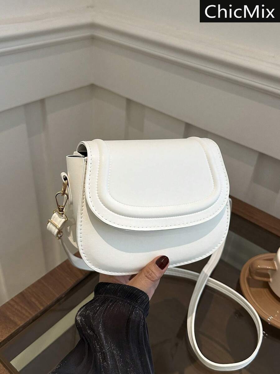 Fashionable Solid Color Embossed Mini Saddle Crossbody Bag - White - View 1
