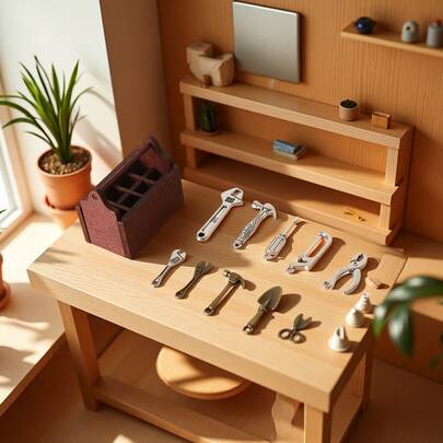 9-Pack Miniature Wooden Toolbox For Dollhouses, Miniature Props, Alloy Repair Accessories, Wrenches, Axes, Hammers