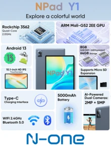N-OneTablet  NPad Y1 / Procesor UNISOC / Android 13 / 4 GB (LPDDR3) + 64 GB / 10,1-calowy ekran dotykowy IPS (1280 x 800) / Bateria 5000 mAh / Wi-Fi 5 (2,4 GHz + 5 GHz) (bez karty SIM) / Tablet z Wi-Fi / Możliwość rozszerzenia pamięci do 1 TB za pomocą karty SD / Aparat 5 MP + 2 MP - Szary - Zobacz 2