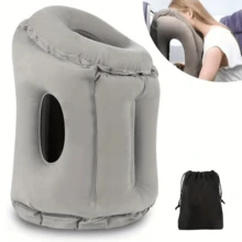 Almohada de viaje inflable con diseño ergonómico y válvula patentada - Soporte para el cuello y la cabeza para aviones, coches, trenes y siestas en la oficina - Lavable a mano, gris, adecuada para vuelos largos, accesorio de viaje. - Gris - Ver 4