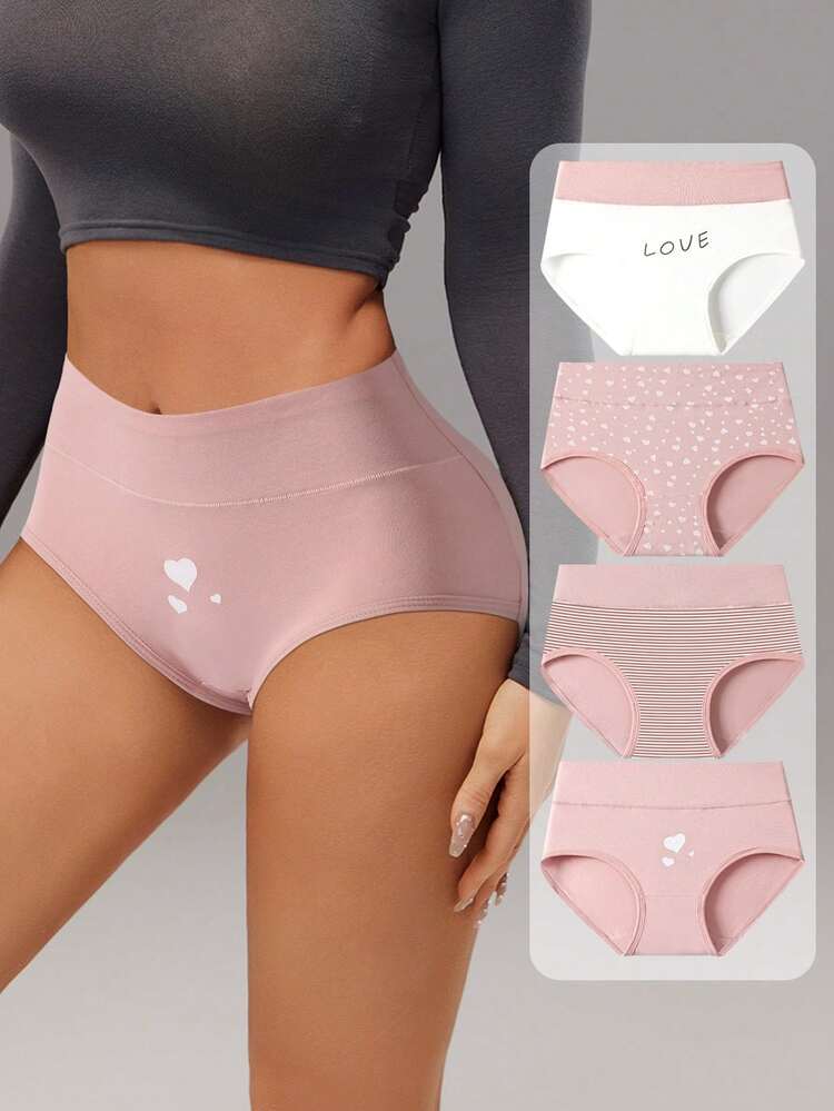 4 piezas/paquete Bragas tipo hipster de algodón transpirable y elástico de cintura alta con diseño de corazón rosa para mujeres - Multicolor - Añade 6