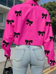 Women's Casual Loose Long Sleeve Shirt, Minimalist & Versatile, Suitable For Everyday Wear - Hot Pink - View 3