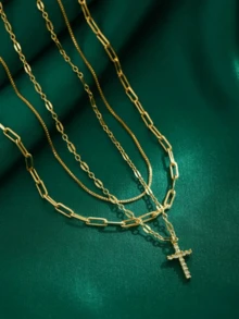 女士多层十字架吊坠项链，适合日常佩戴、派对、度假、送给妈妈的礼物 - 金黃色 - 查看 4